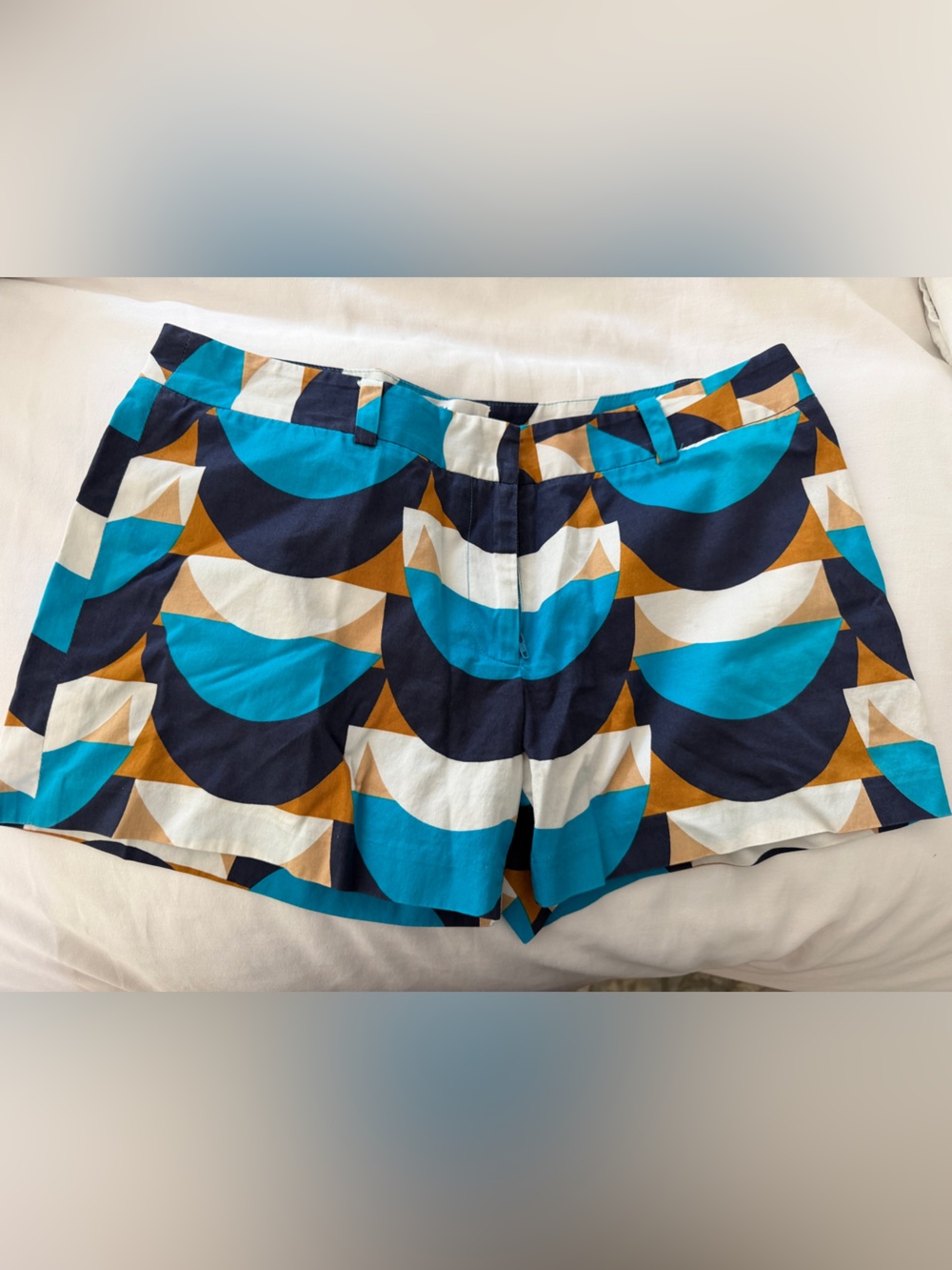 Milly Geometric Print Bermuda Shorts in Teal, Navy, White & Tan